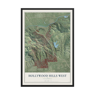 Map of Hollywood Hills West, California, 12 x 18 inch print in a black wood frame