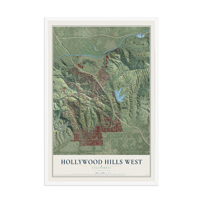 Map of Hollywood Hills West, California, 12 x 18 inch print in a white wood frame