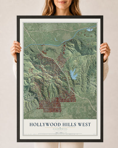 Map of Hollywood Hills West, California, 24 x 36 inch print in a black wood frame