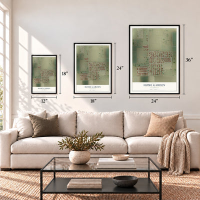 Home Garden, California map in 12 x 18, 18 x 24 and 24 x 36 inch sizes above a sofa