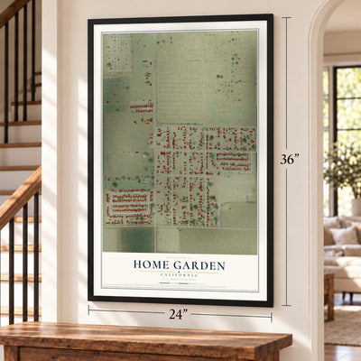 Home Garden, California map, 24 x 36 inch print in a black frame by a staircase