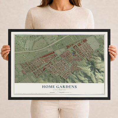 Map of Home Gardens, California, 12 x 18 inch print in a black wood frame