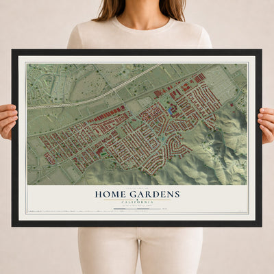 Map of Home Gardens, California, 18 x 24 inch print in a black wood frame