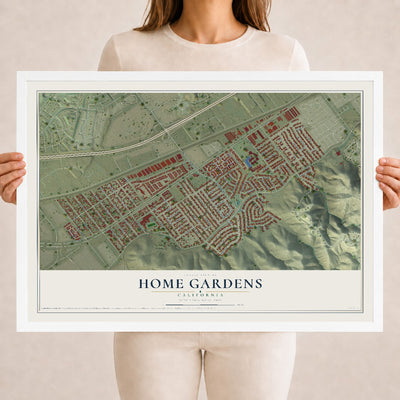 Map of Home Gardens, California, 18 x 24 inch print in a white wood frame