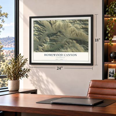 Homewood Canyon, California map, 18 x 24 inch print in a black frame in a home office