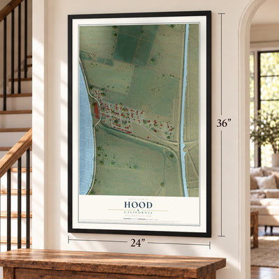 Hood, California map, 24 x 36 inch print in a black frame by a staircase
