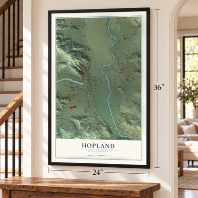 Hopland, California map, 24 x 36 inch print in a black frame by a staircase