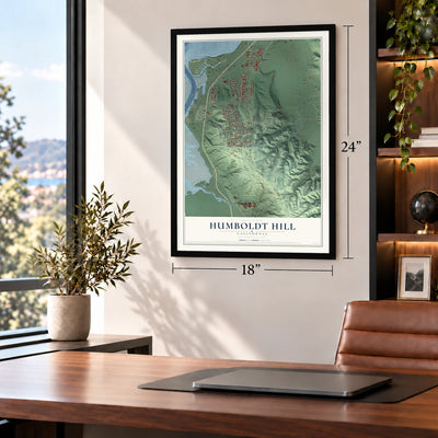 Humboldt Hill, California map, 18 x 24 inch print in a black frame in a home office