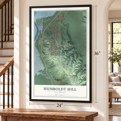 Humboldt Hill, California map, 24 x 36 inch print in a black frame by a staircase