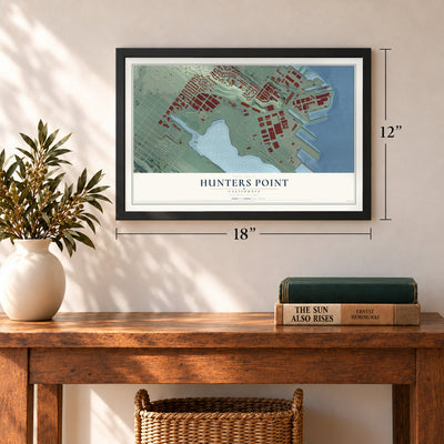 Hunters Point, California map, 12 x 18 inch print in a black frame in an entryway