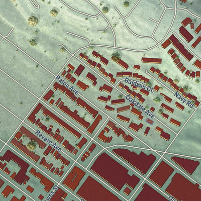 Close-up of the map of Hunters Point, California print showing street and building detail