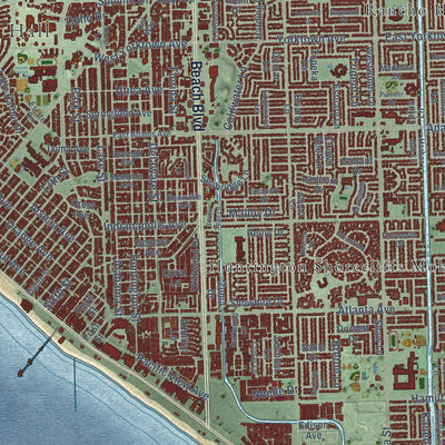 Close-up of the map of Huntington Beach, California print showing street and building detail