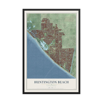 Map of Huntington Beach, California, 12 x 18 inch print in a black wood frame