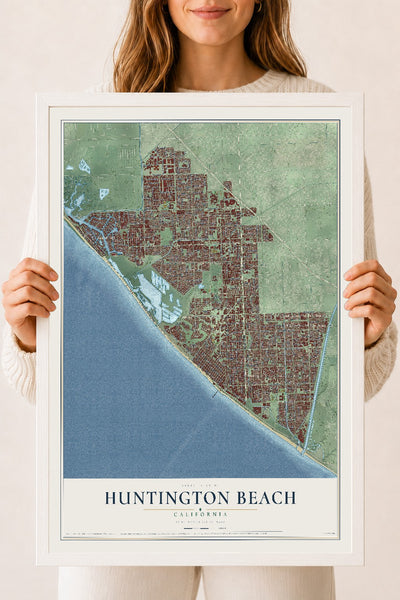 Map of Huntington Beach, California, 18 x 24 inch print in a white wood frame