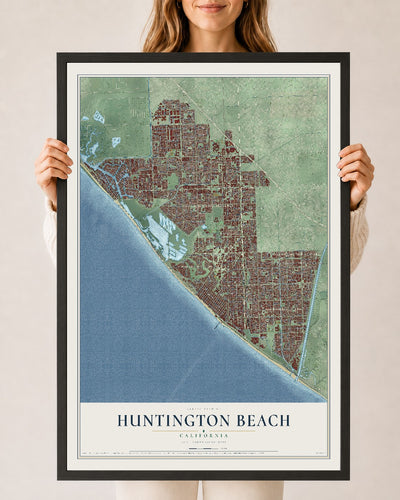 Map of Huntington Beach, California, 24 x 36 inch print in a black wood frame