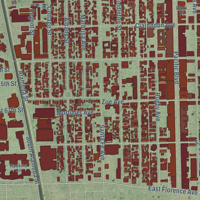 Second close-up of the map of Huntington Park, California print showing more streets and buildings