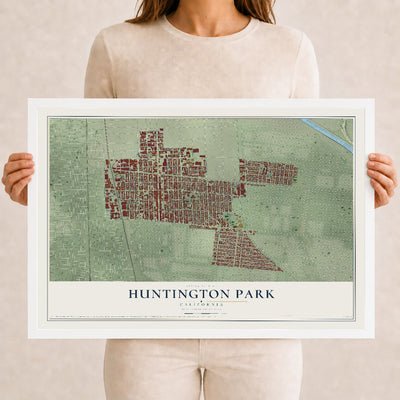 Map of Huntington Park, California, 12 x 18 inch print in a white wood frame