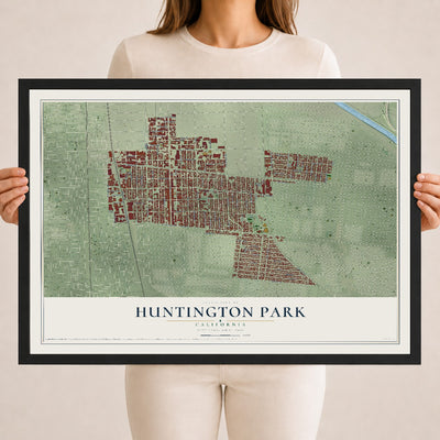 Map of Huntington Park, California, 18 x 24 inch print in a black wood frame