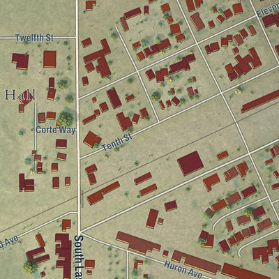 Close-up of the map of Huron, California print showing street and building detail