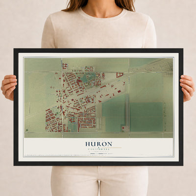 Map of Huron, California, 12 x 18 inch print in a black wood frame