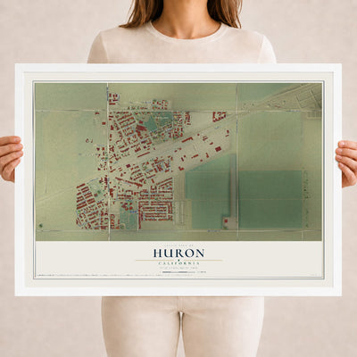 Map of Huron, California, 18 x 24 inch print in a white wood frame