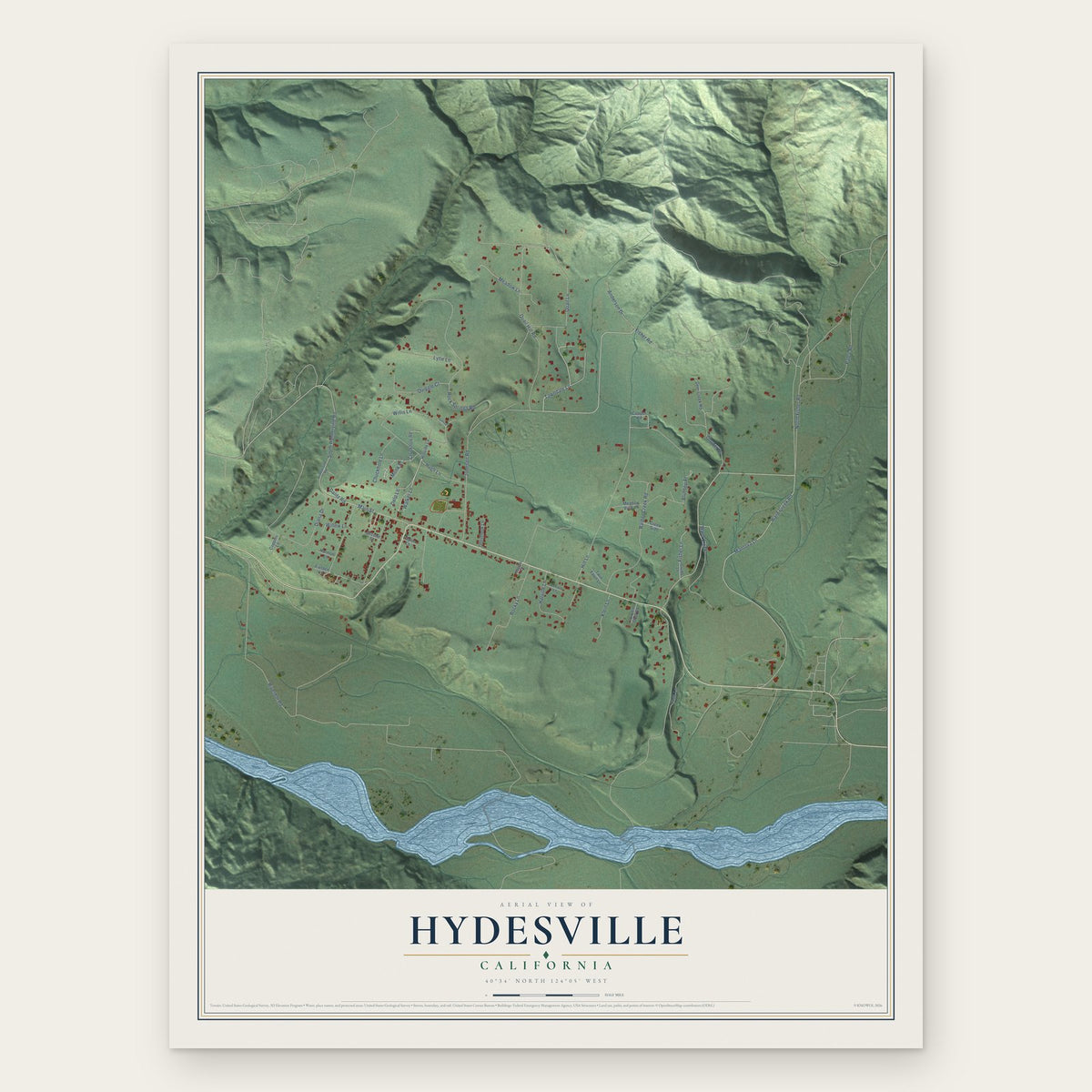 Hydesville, California map print, the full design