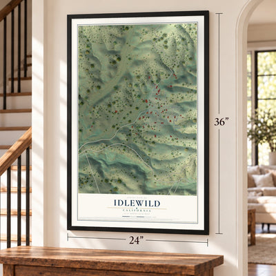 Idlewild, California map, 24 x 36 inch print in a black frame by a staircase