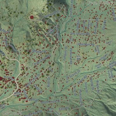 Close-up of the map of Idyllwild-Pine Cove, California print showing street and building detail