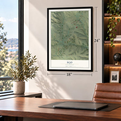 Igo, California map, 18 x 24 inch print in a black frame in a home office