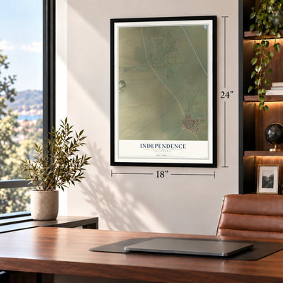 Independence, California map, 18 x 24 inch print in a black frame in a home office