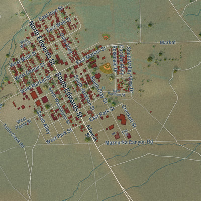 Close-up of the map of Independence, California print showing street and building detail