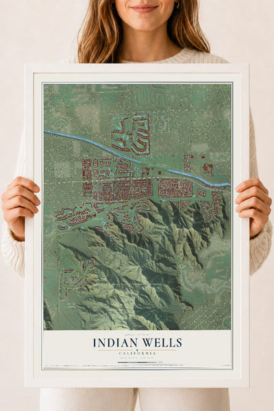 Map of Indian Wells, California, 18 x 24 inch print in a white wood frame