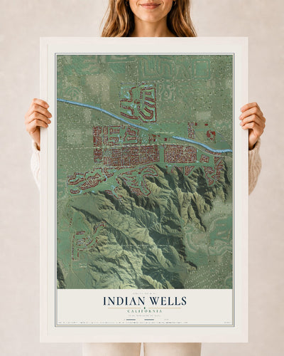 Map of Indian Wells, California, 24 x 36 inch print in a white wood frame