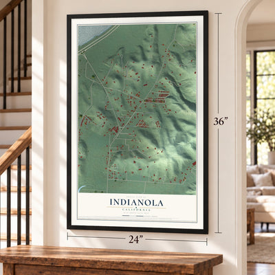 Indianola, California map, 24 x 36 inch print in a black frame by a staircase
