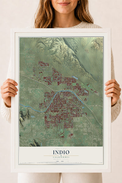 Map of Indio, California, 18 x 24 inch print in a white wood frame