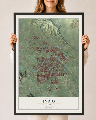 Map of Indio, California, 24 x 36 inch print in a black wood frame