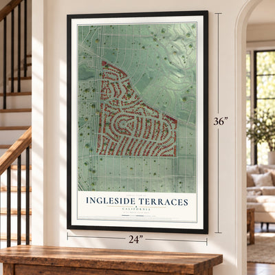 Ingleside Terraces, California map, 24 x 36 inch print in a black frame by a staircase