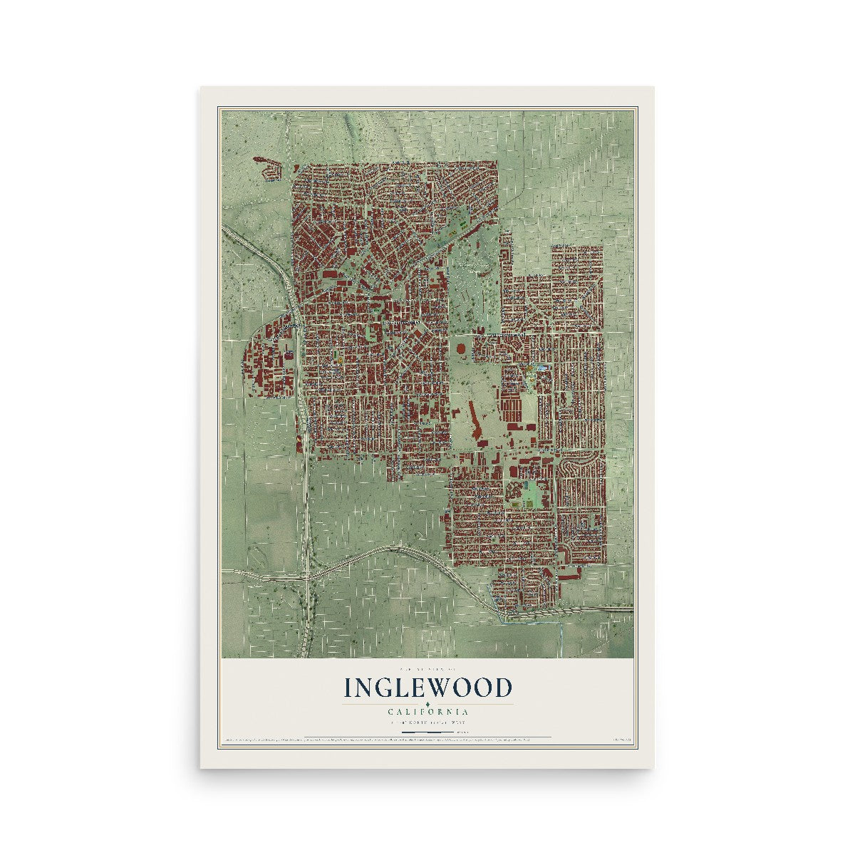Map of Inglewood, California, 12 x 18 inch unframed archival matte print
