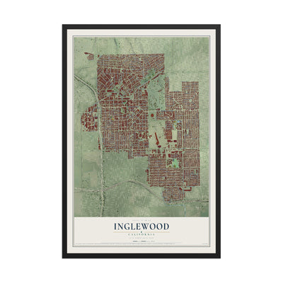 Map of Inglewood, California, 12 x 18 inch print in a black wood frame