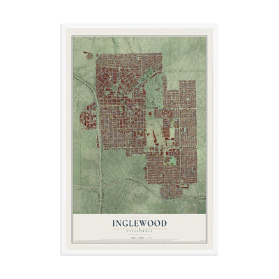 Map of Inglewood, California, 12 x 18 inch print in a white wood frame