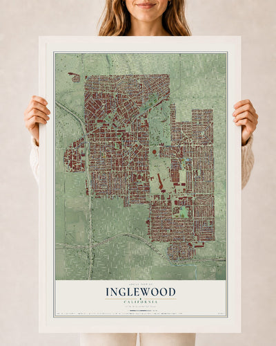 Map of Inglewood, California, 24 x 36 inch print in a white wood frame