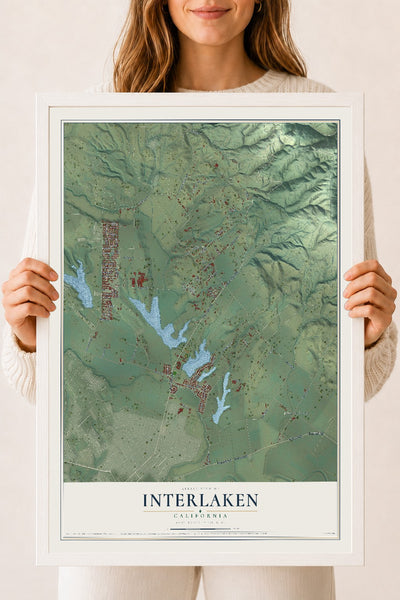 Map of Interlaken, California, 18 x 24 inch print in a white wood frame