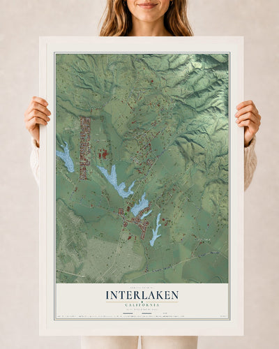 Map of Interlaken, California, 24 x 36 inch print in a white wood frame