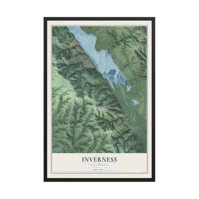 Map of Inverness, California, 12 x 18 inch print in a black wood frame