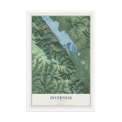 Map of Inverness, California, 12 x 18 inch print in a white wood frame