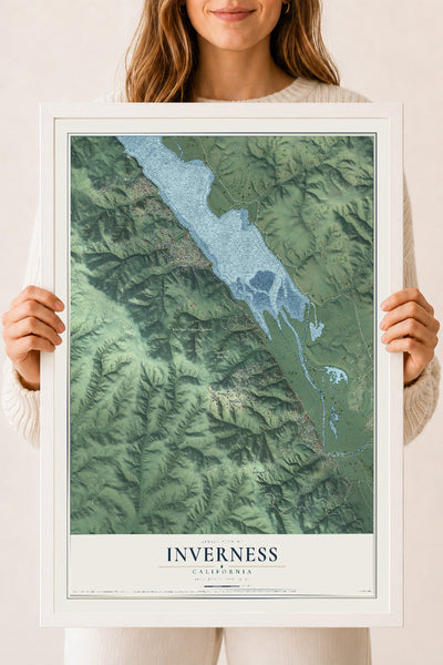 Map of Inverness, California, 18 x 24 inch print in a white wood frame