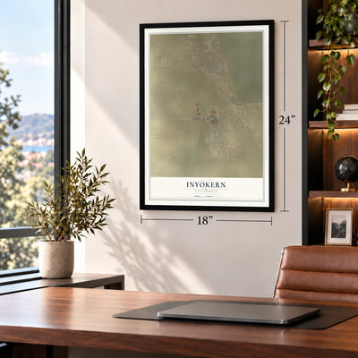 Inyokern, California map, 18 x 24 inch print in a black frame in a home office