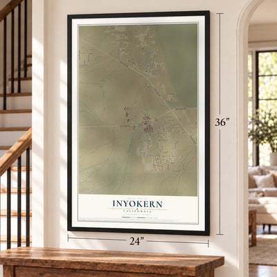 Inyokern, California map, 24 x 36 inch print in a black frame by a staircase