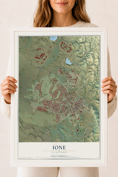 Map of Ione, California, 18 x 24 inch print in a white wood frame