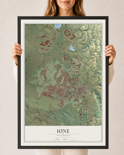 Map of Ione, California, 24 x 36 inch print in a black wood frame